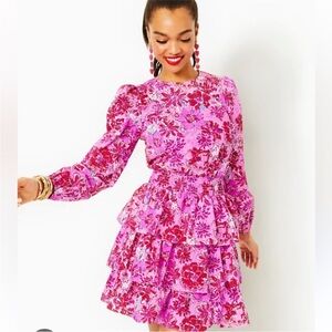 Lilly Pulitzer khloey smocked a line dress in pink lilac thistle floral size 6
